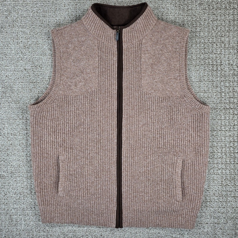 LL Bean Mens XL Waterfowl Merino Lambswool Full Zip Sweater Vest Brown Ribbed